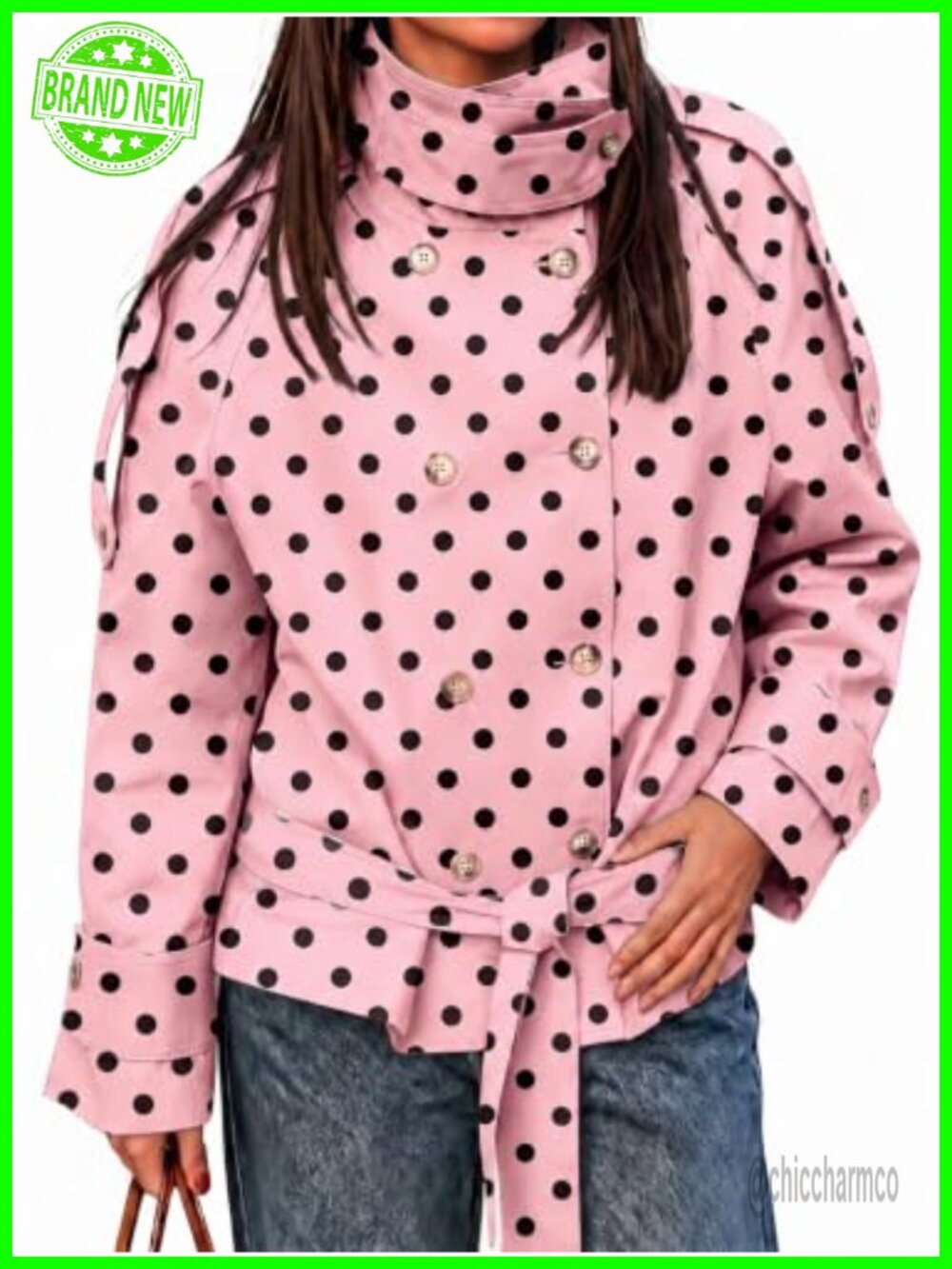 Cropped Double Breasted Trench Coat with Belt, Polka Dot Print